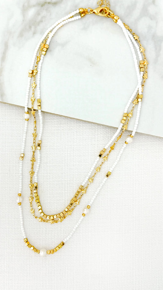 Short Gold Coloured & White Bead Triple Layer Necklace