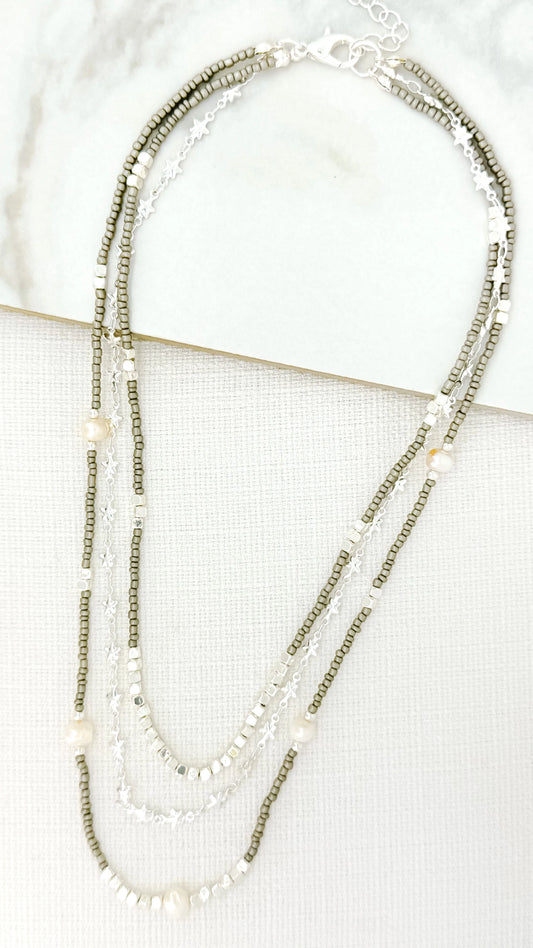 Short Silver Coloured & White Bead Triple Layer Necklace