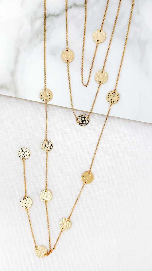 Gold Coloured Lariat Necklace With Textured Circles