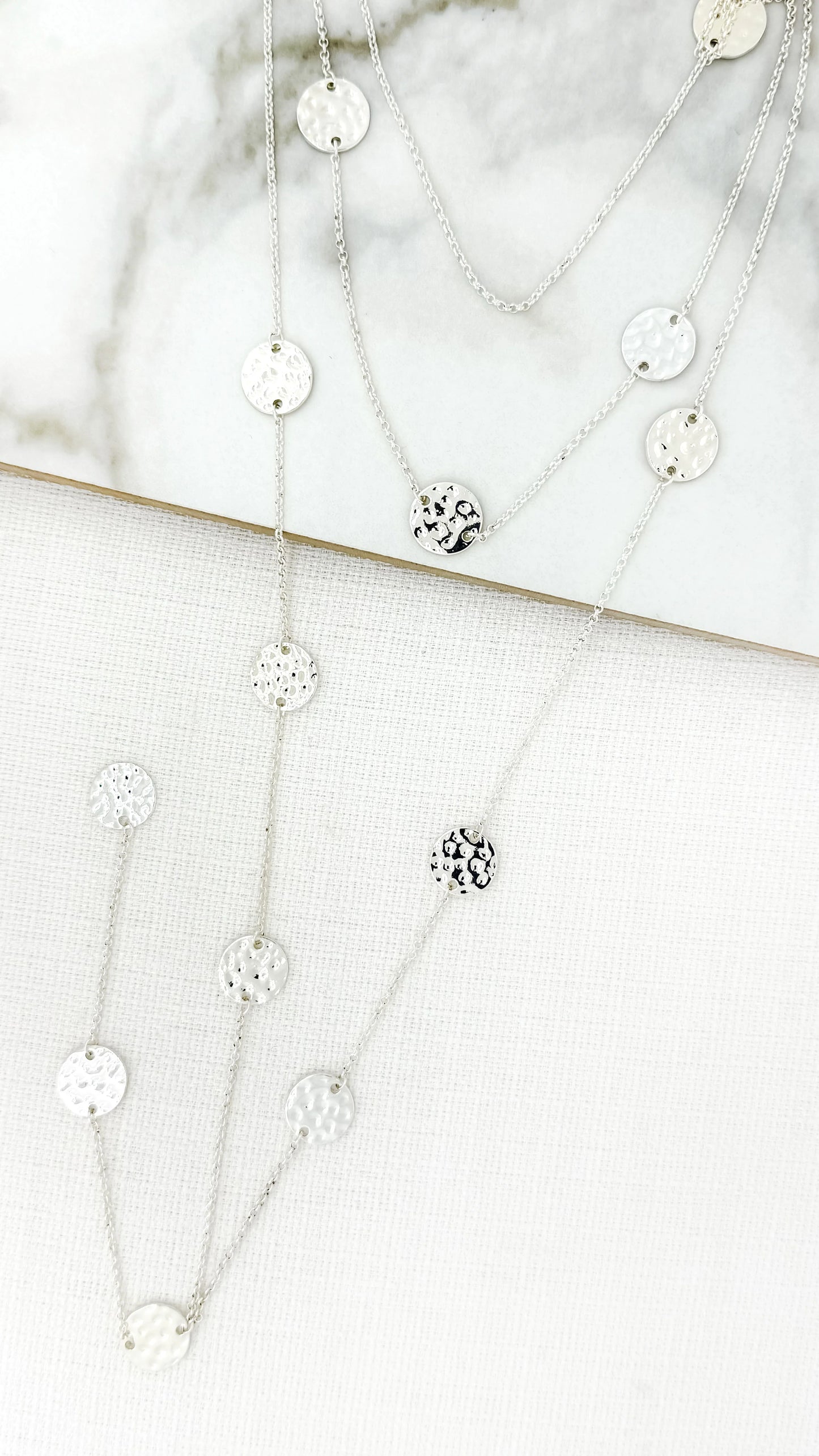 Silver Coloured Lariat Necklace With Textured Circles