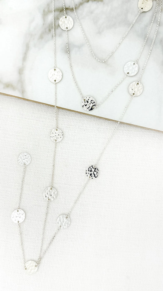 Silver Coloured Lariat Necklace With Textured Circles