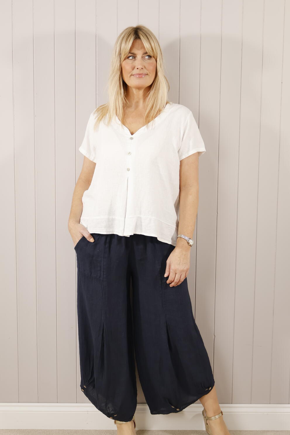 Linen Button Trousers - Navy