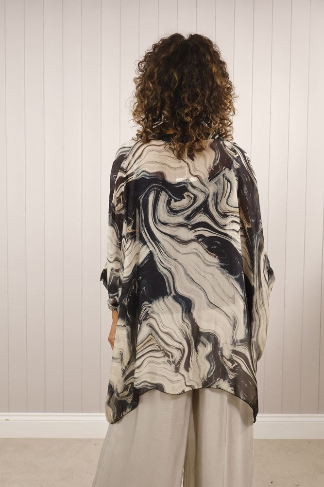 Silk Swirl Batwing Blouse - Navy