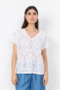 White Embroidery Anglaise V Neck T Shirt