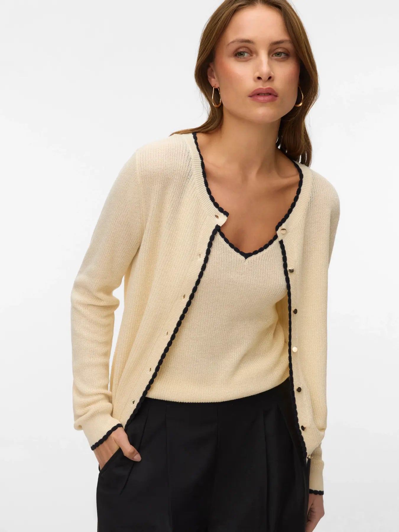 Knitted V-Neck Vest Top - Ivory & Black or Navy & Ivory