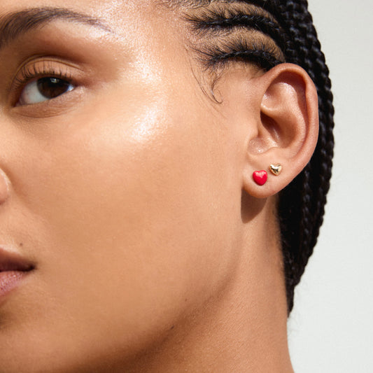 Heart Shaped Earrings - Gold Plated And Red