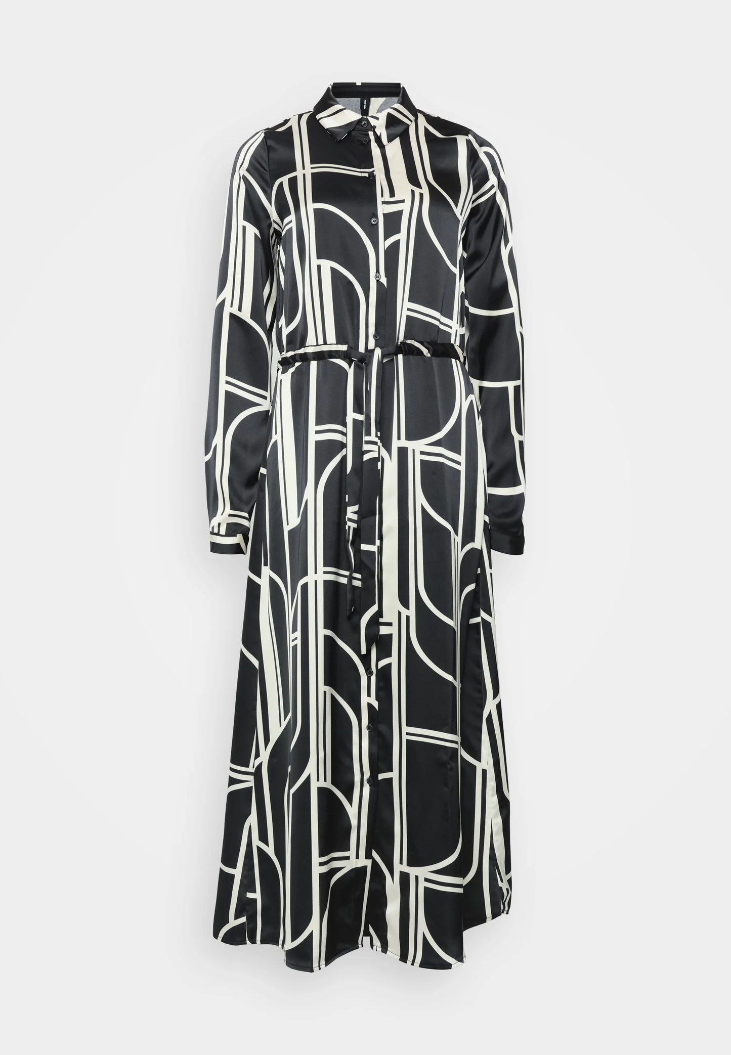 Black & Ivory Geometric Print Satin Shirt Dress