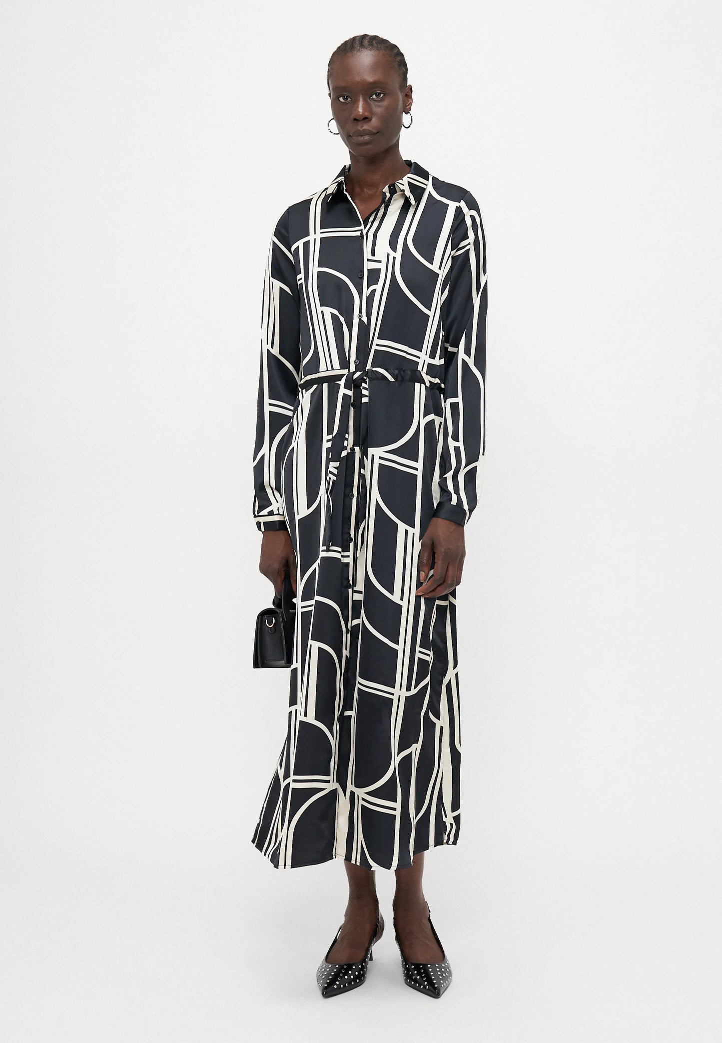 Black & Ivory Geometric Print Satin Shirt Dress