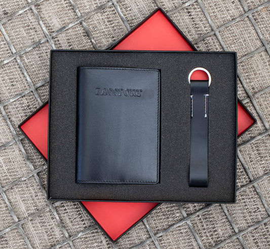 Luxury Travel Gift Set - Passport Cover  & Key Ring - Black or Brown