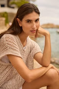 Drop Sleeve Cotton Mix Summer V Neck - Ivory & Beige