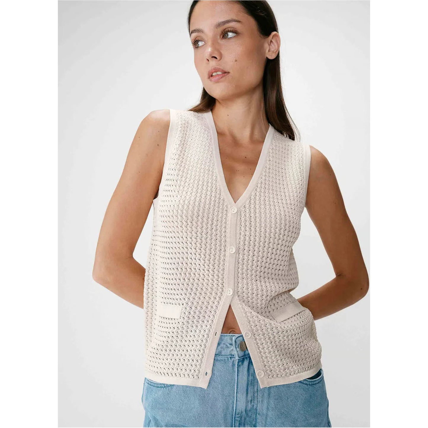 V Neck Summer Sleeveless Waistcoat - Oatmeal or Chocolate