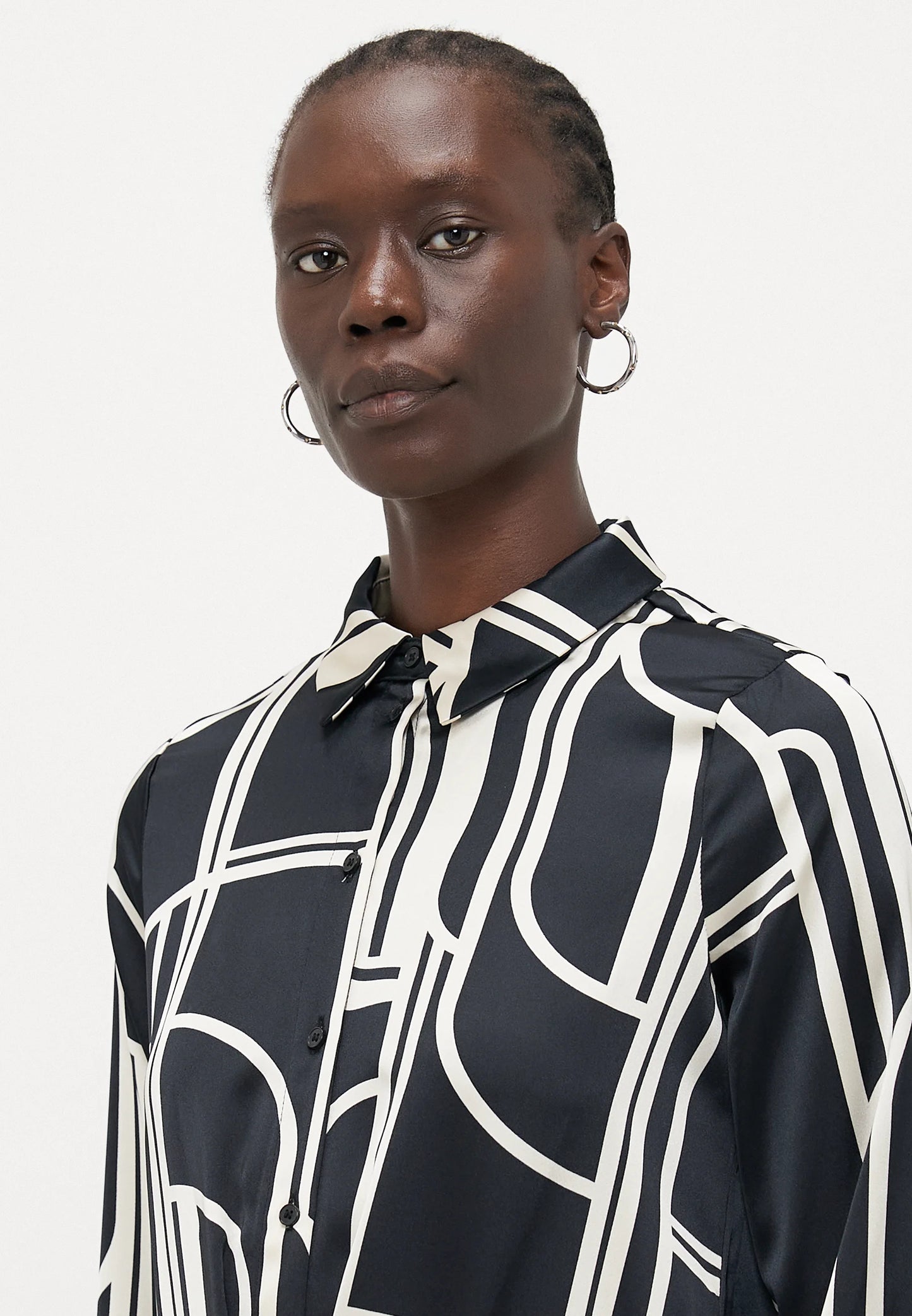 Black & Ivory Geometric Print Satin Shirt Dress