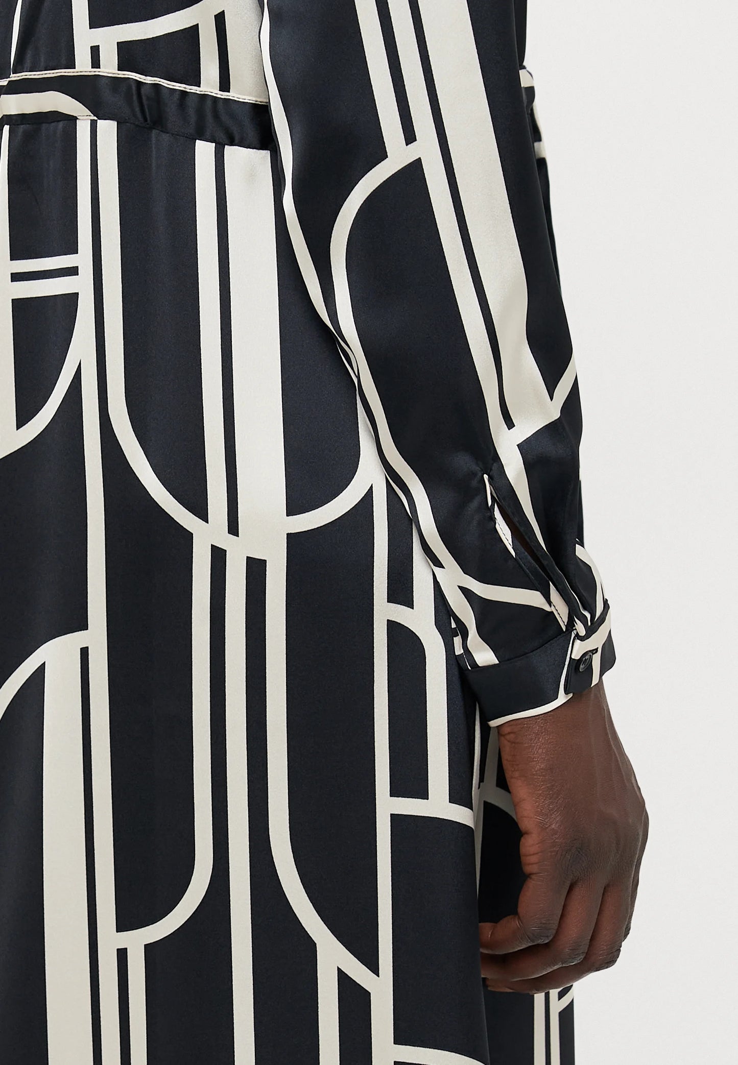 Black & Ivory Geometric Print Satin Shirt Dress