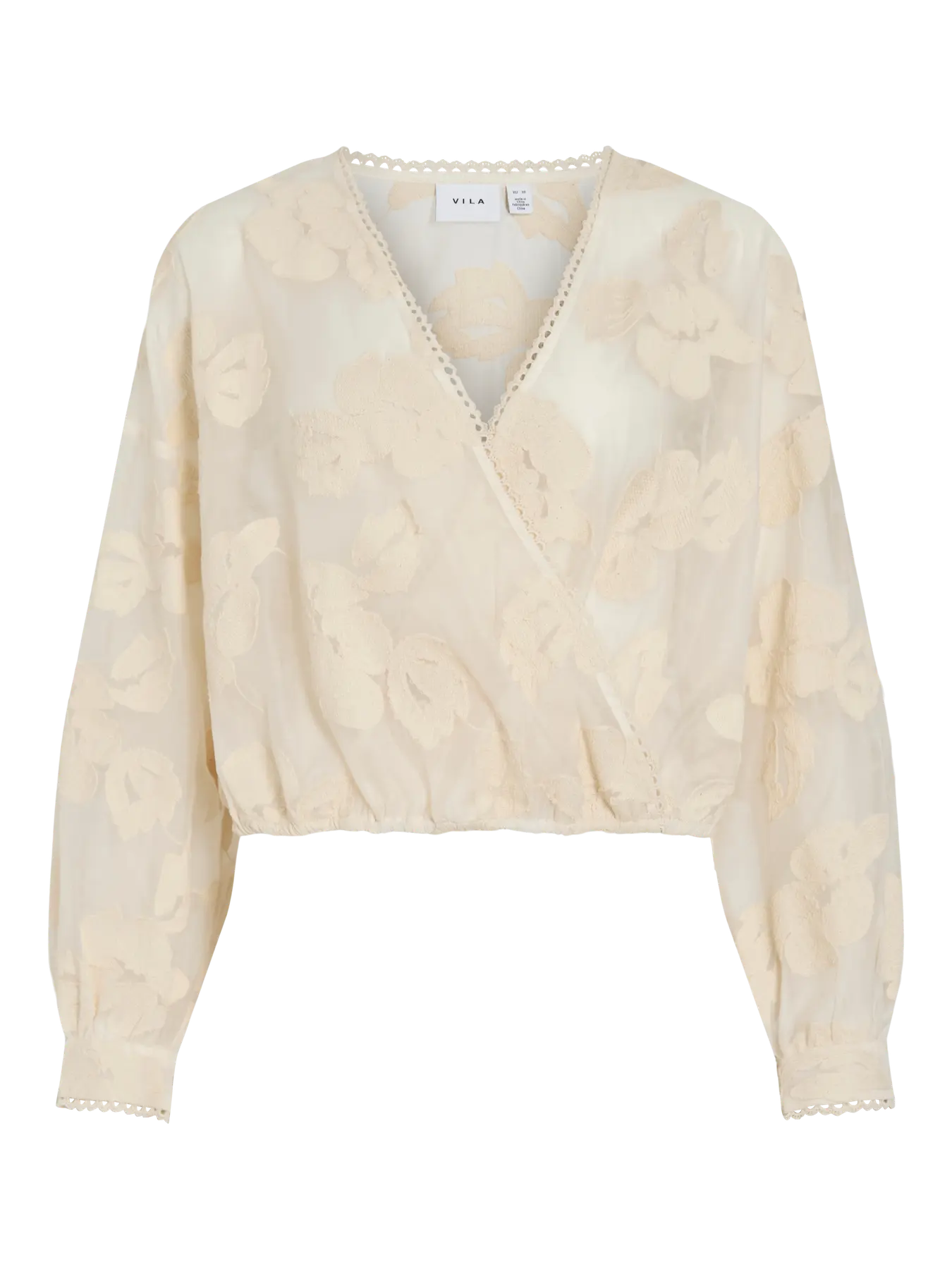 Cream Jacquard Crossover Long Sleeve Blouse