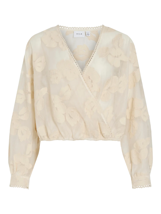 Cream Jacquard Crossover Long Sleeve Blouse