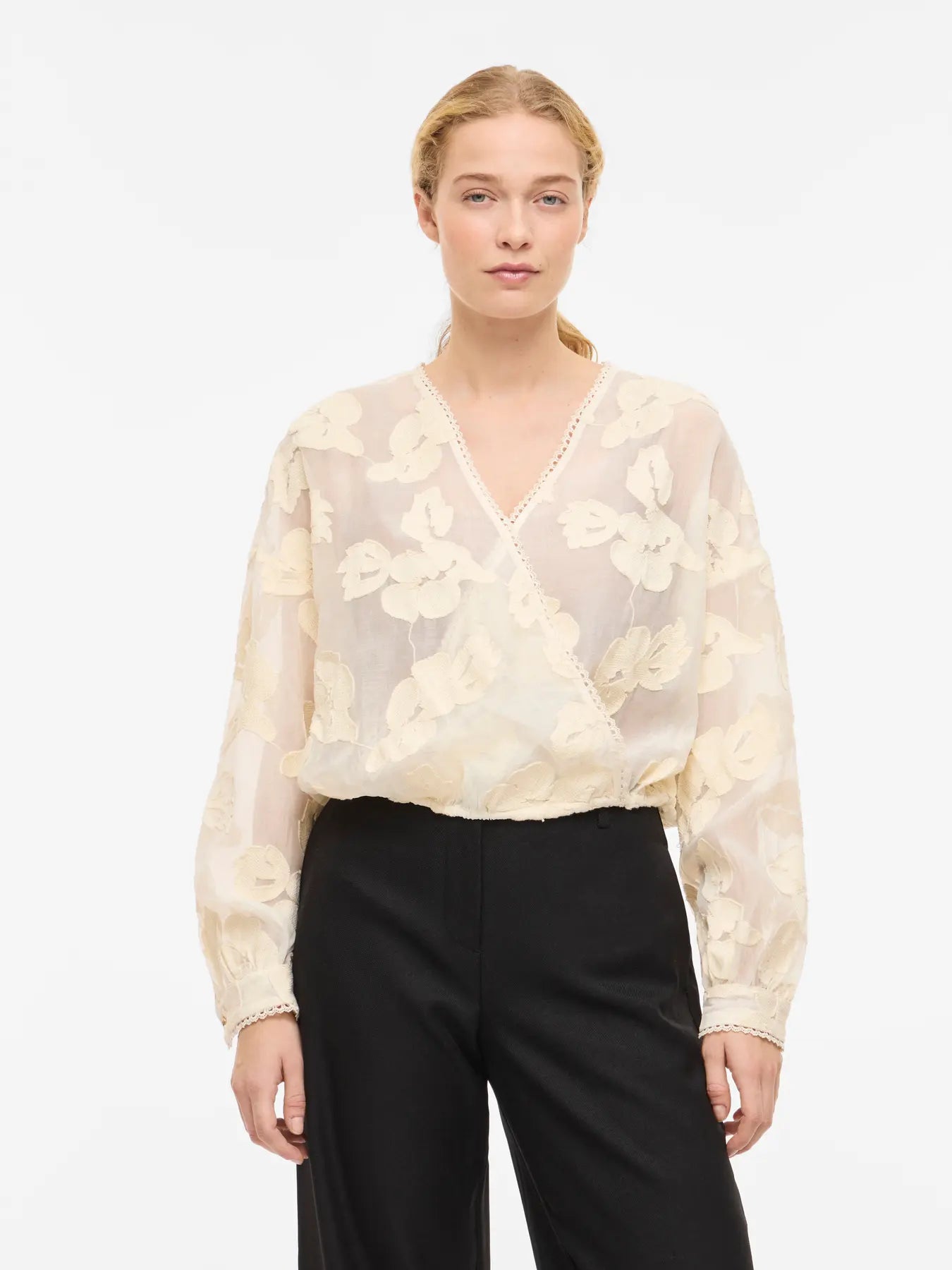 Cream Jacquard Crossover Long Sleeve Blouse