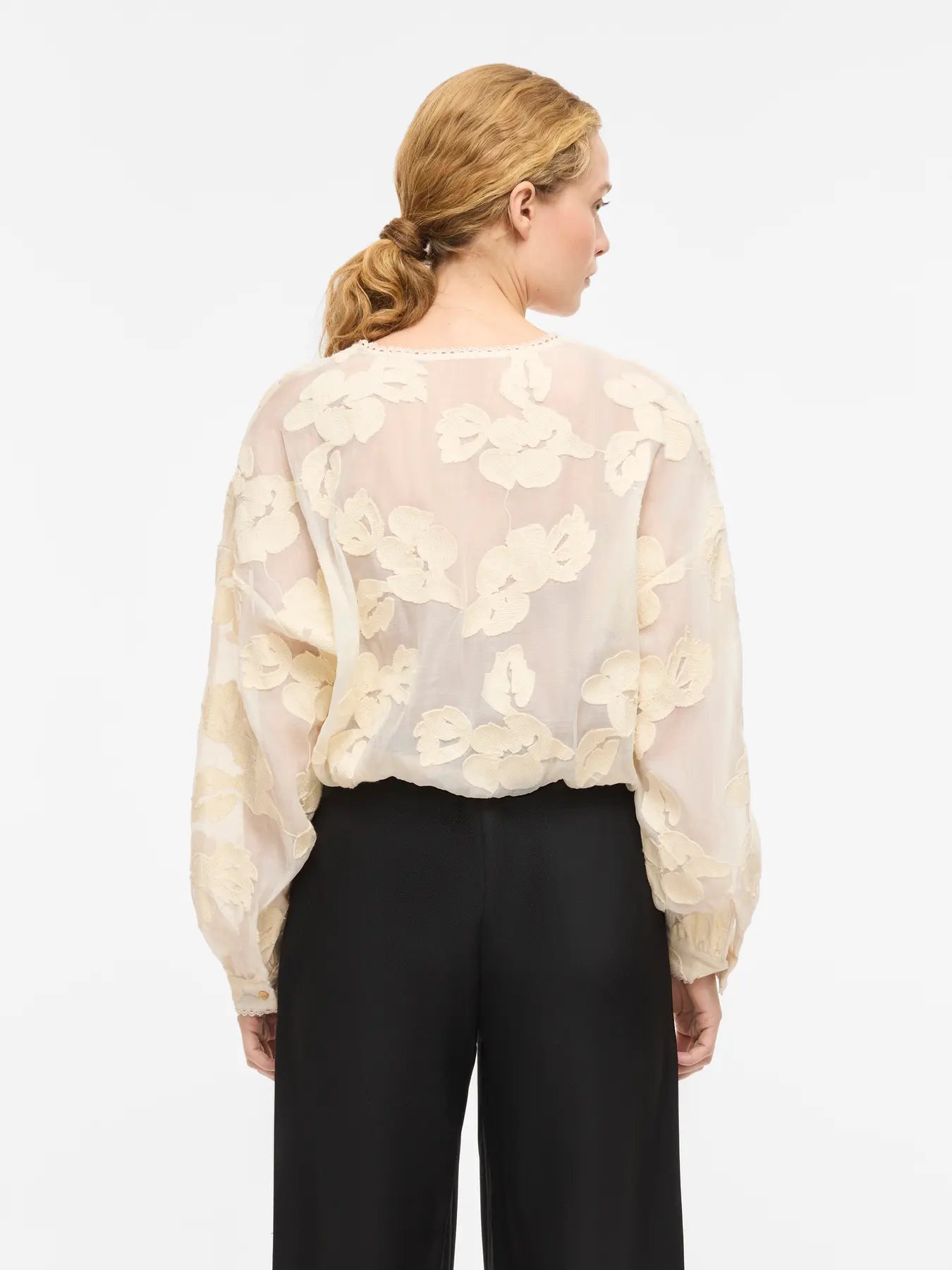Cream Jacquard Crossover Long Sleeve Blouse