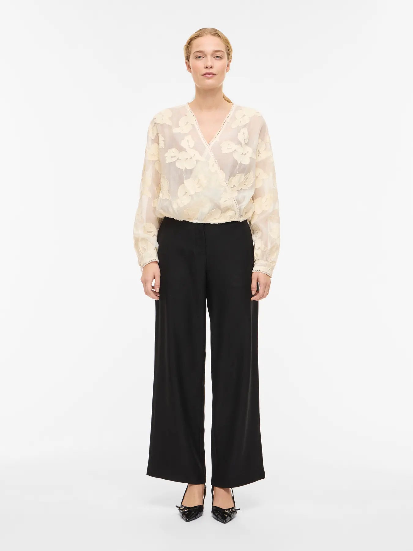 Cream Jacquard Crossover Long Sleeve Blouse