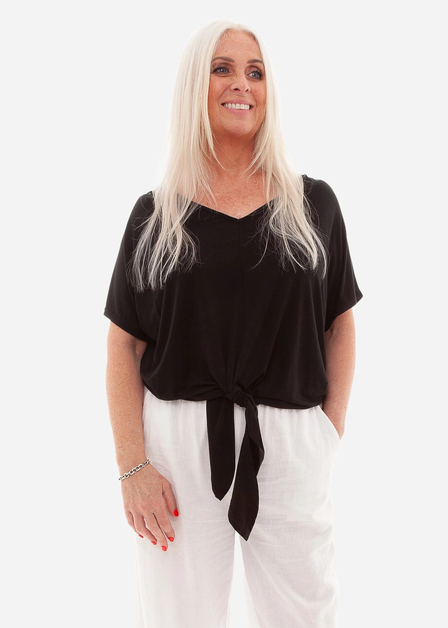 Bamboo Jersey V-Neck Tie Front Short Sleeve Top