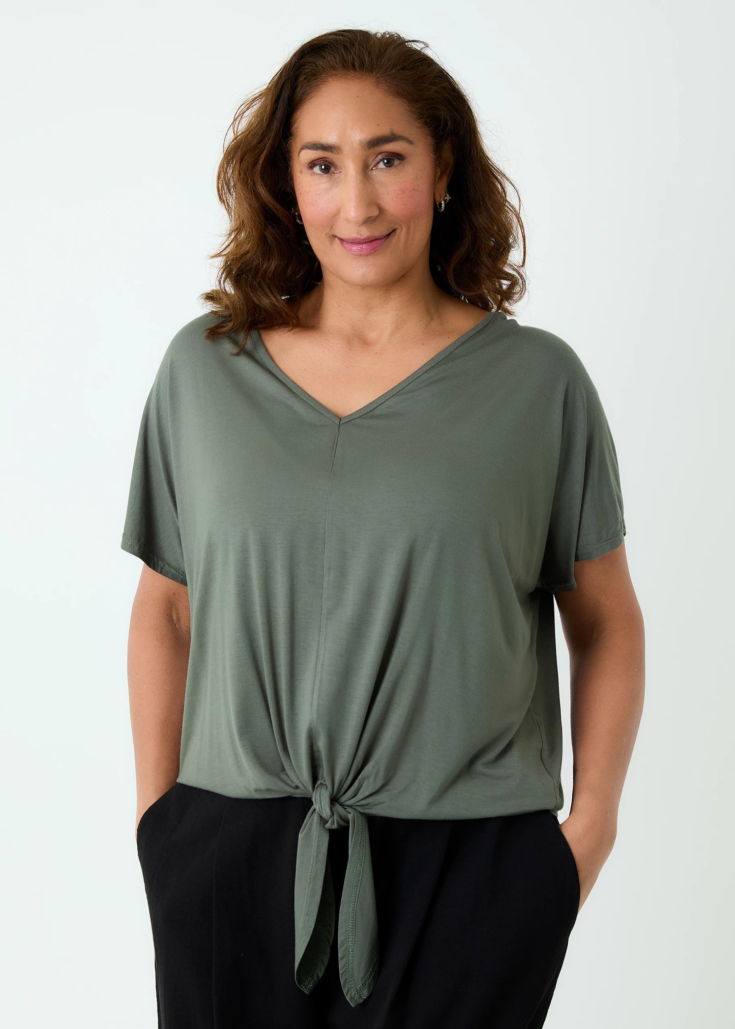 Bamboo Jersey V-Neck Tie Front Short Sleeve Top