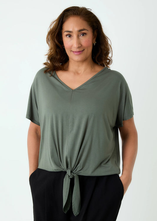Bamboo Jersey V-Neck Tie Front Short Sleeve Top