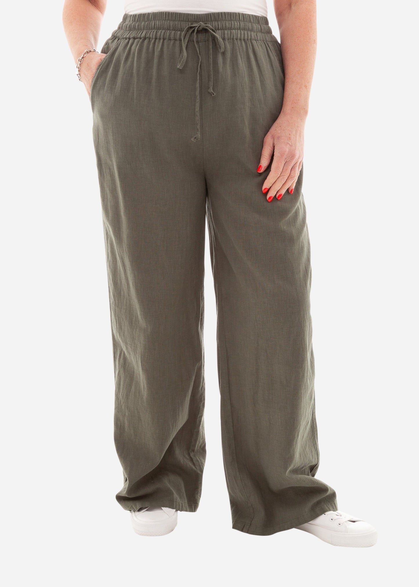 Linen Viscose Elastic Waist Trouser - Khaki