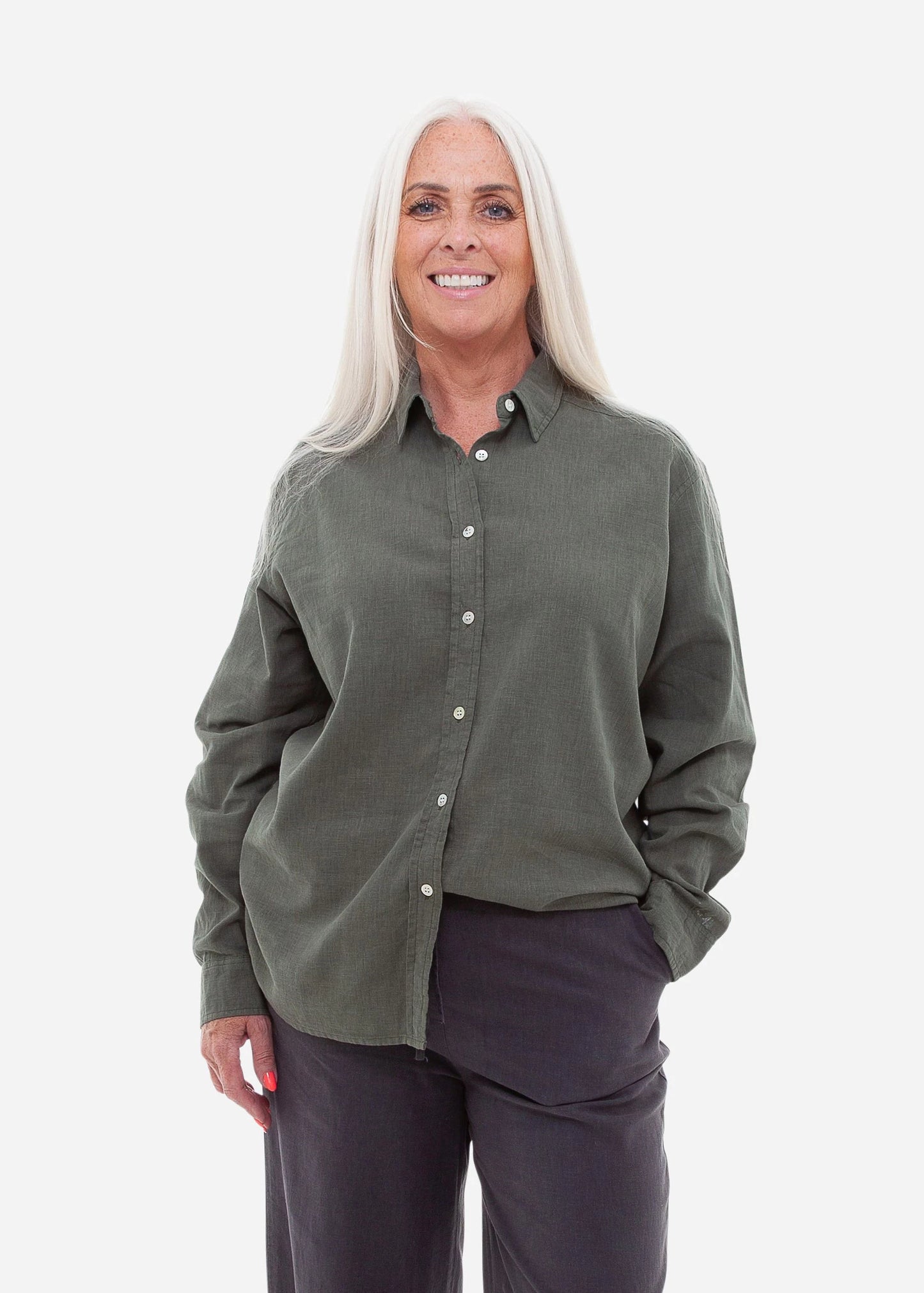 Khaki Linen Mix Button Collar Shirt