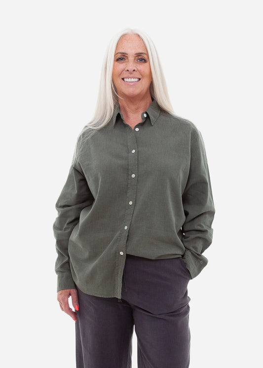 Khaki Linen Mix Button Collar Shirt