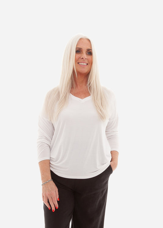 Bamboo Jersey Long Sleeve V Neck T Shirt - White