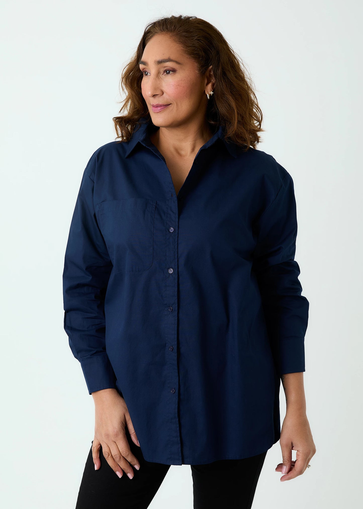 Oversized Cotton Poplin Shirt - Navy & White