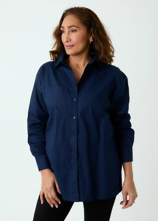 Oversized Cotton Poplin Shirt - Navy & White
