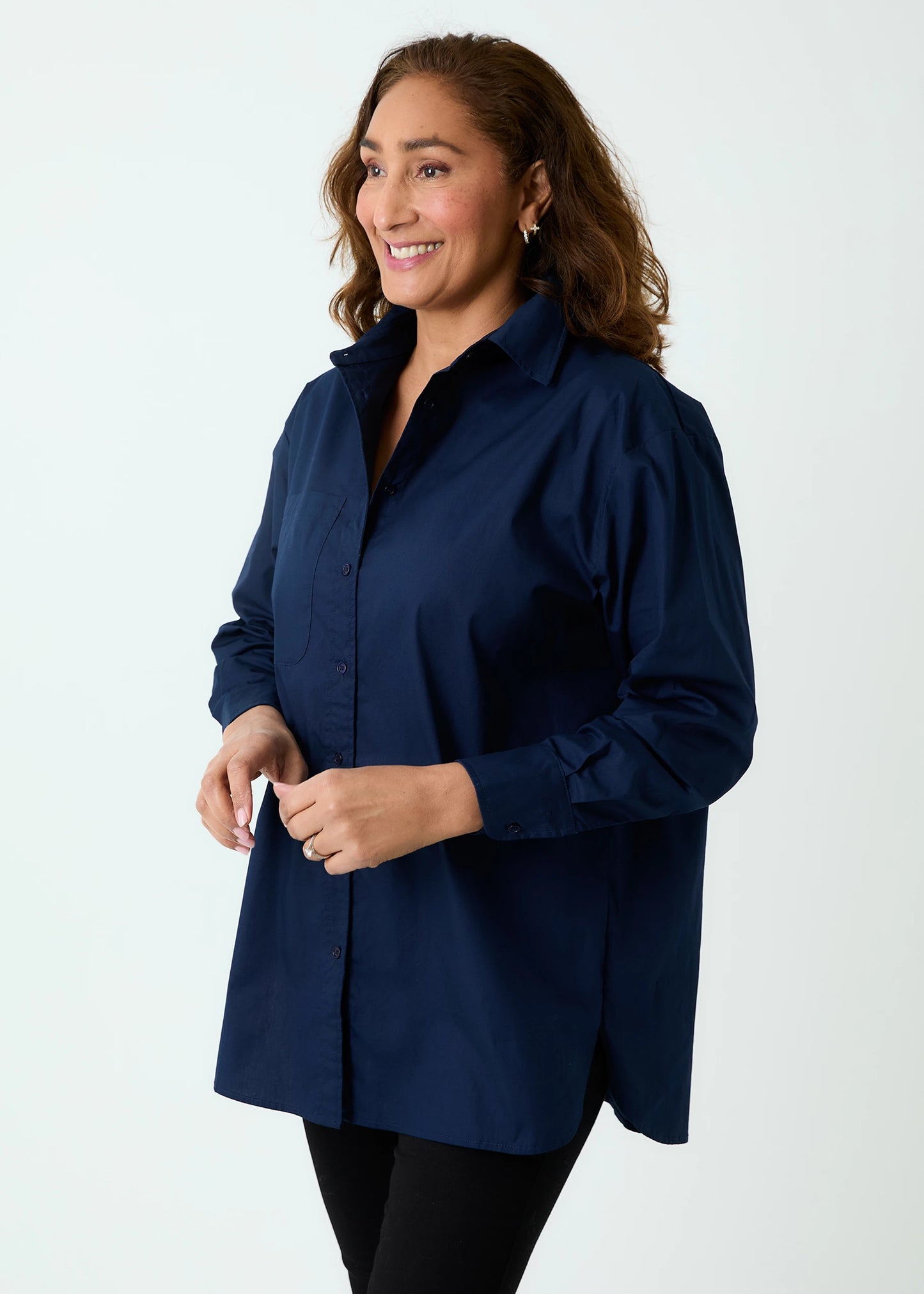 Oversized Cotton Poplin Shirt - Navy & White