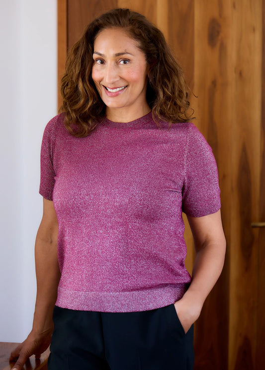 Cashmere Like Short Sleeve Crew Neck Jumper With Metallic Thread - Black, Wine or Navy