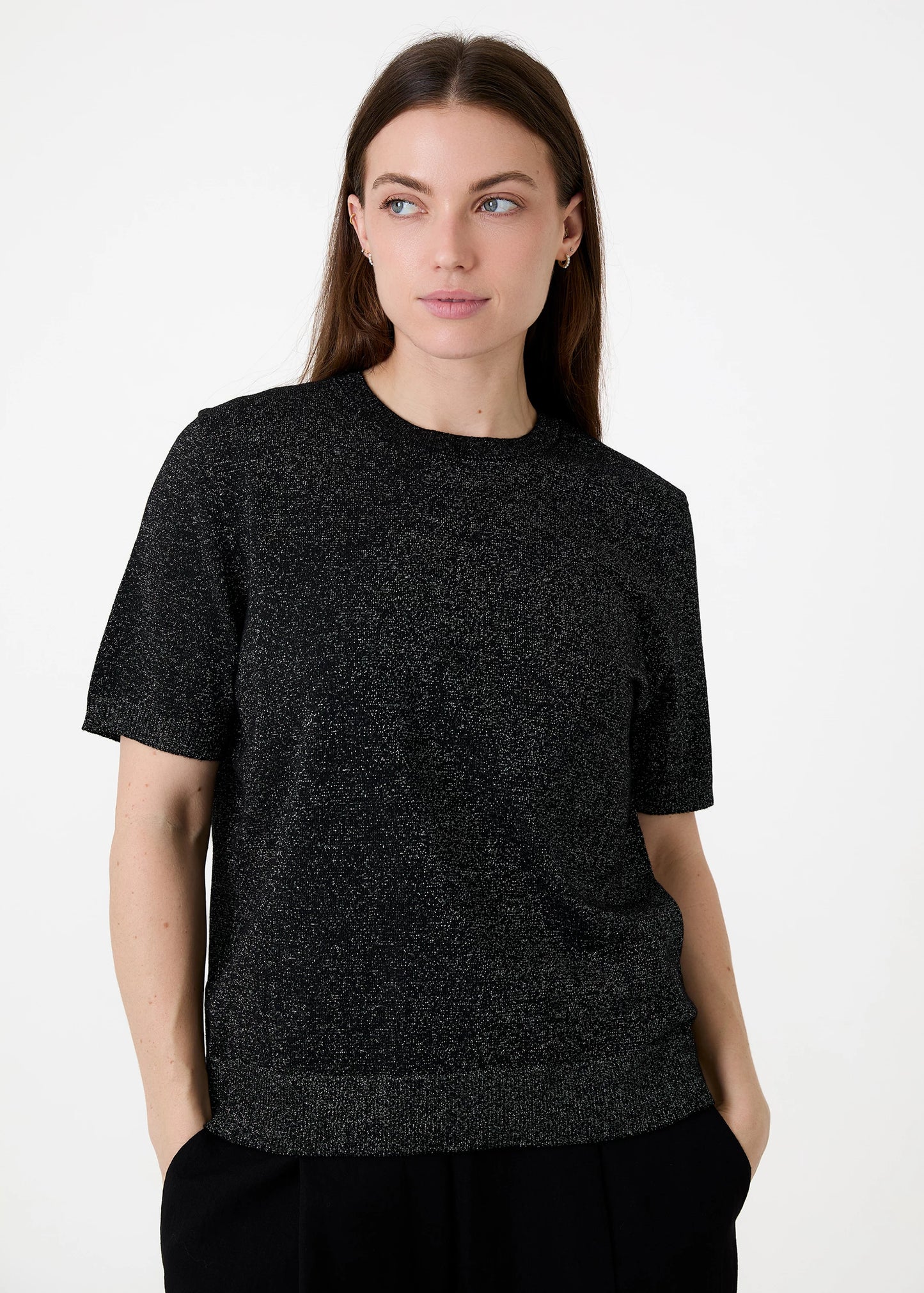 Cashmere Like Short Sleeve Crew Neck Jumper With Metallic Thread - Black or Wine