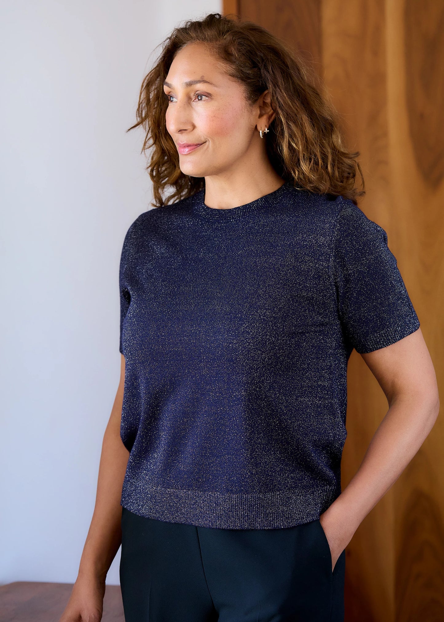 Cashmere Like Short Sleeve Crew Neck Jumper With Metallic Thread - Black, Wine or Navy