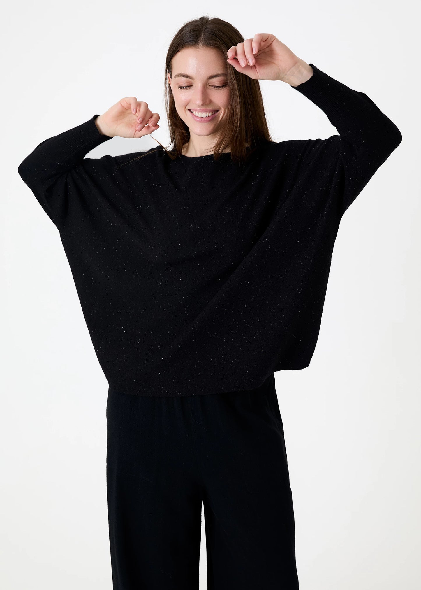 Cashmere Like Batwing Jumper With Metallic Thread - Black / Khaki / Beige / Navy