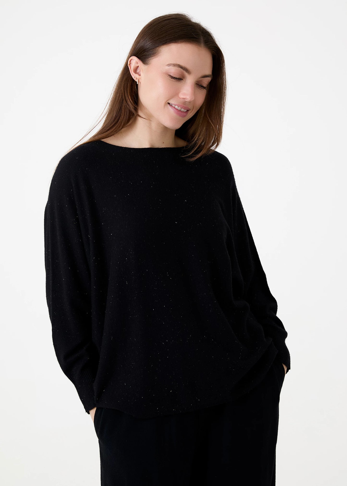 Cashmere Like Batwing Jumper With Metallic Thread - Black / Khaki / Beige / Navy