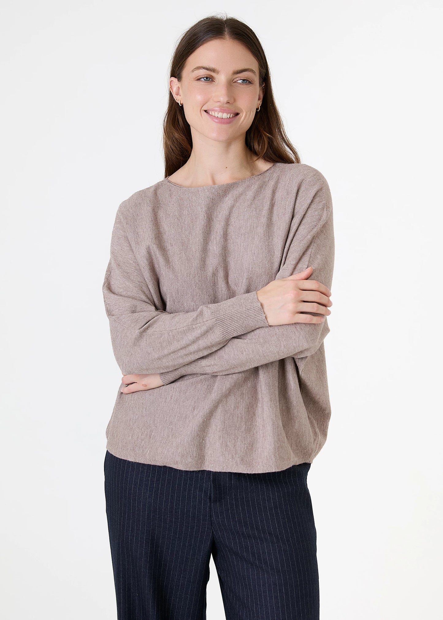 Cashmere Like Batwing Jumper With Metallic Thread - Black / Khaki / Beige / Navy
