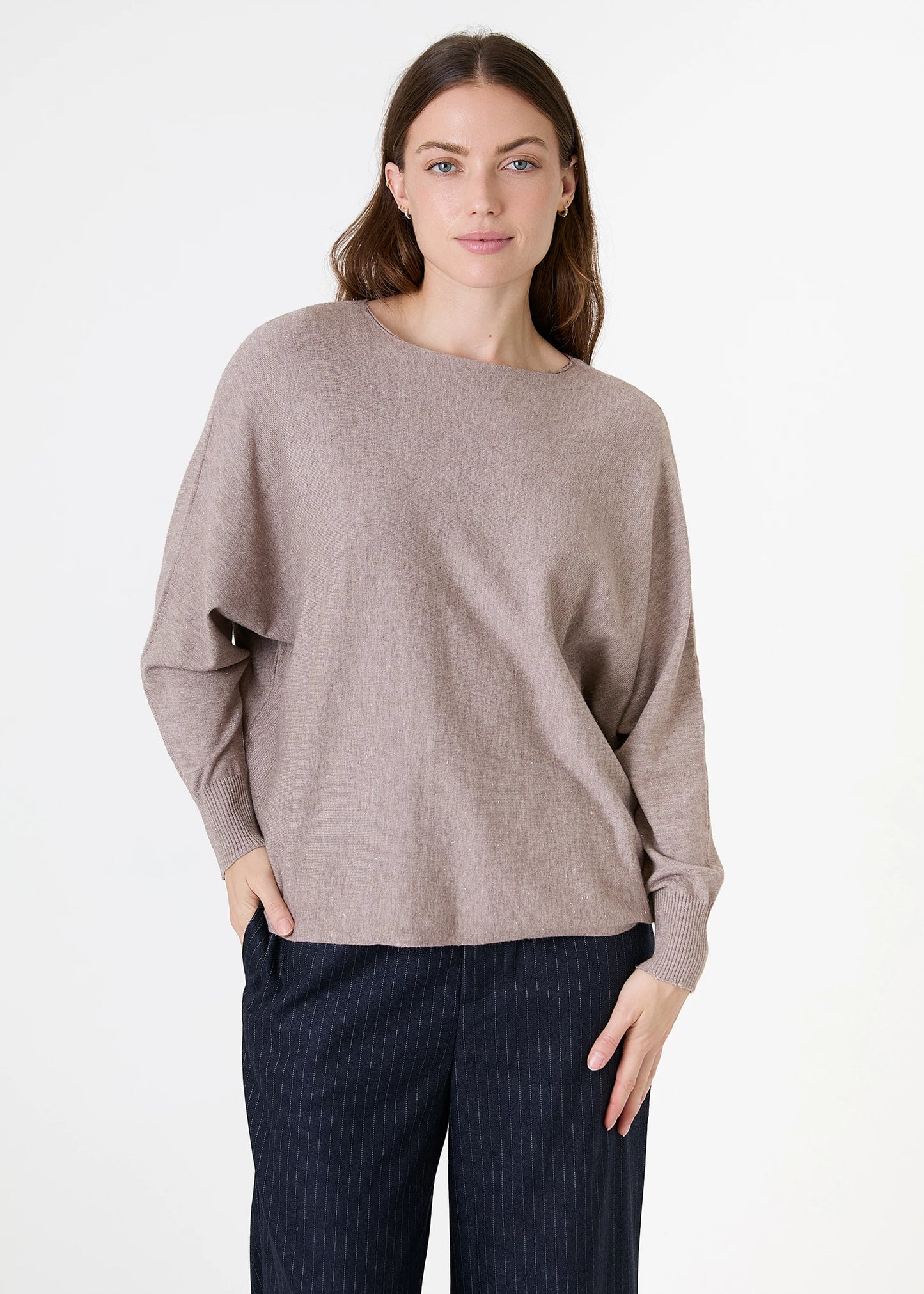 Cashmere Like Batwing Jumper With Metallic Thread - Black / Khaki / Beige / Navy