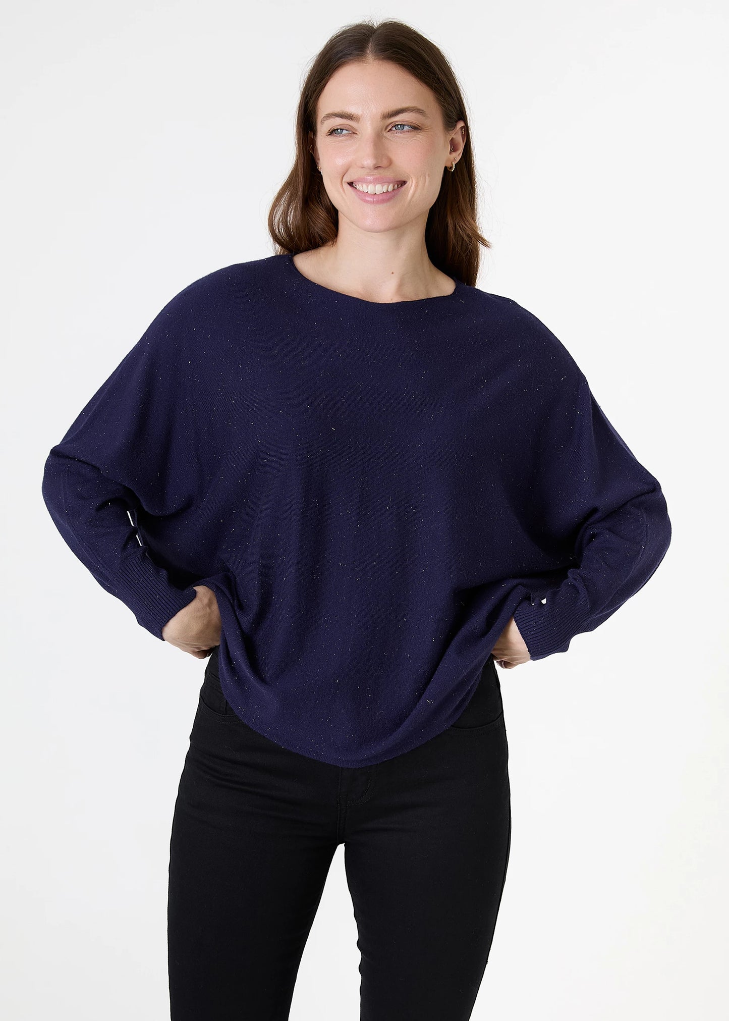 Cashmere Like Batwing Jumper With Metallic Thread - Black / Khaki / Beige / Navy