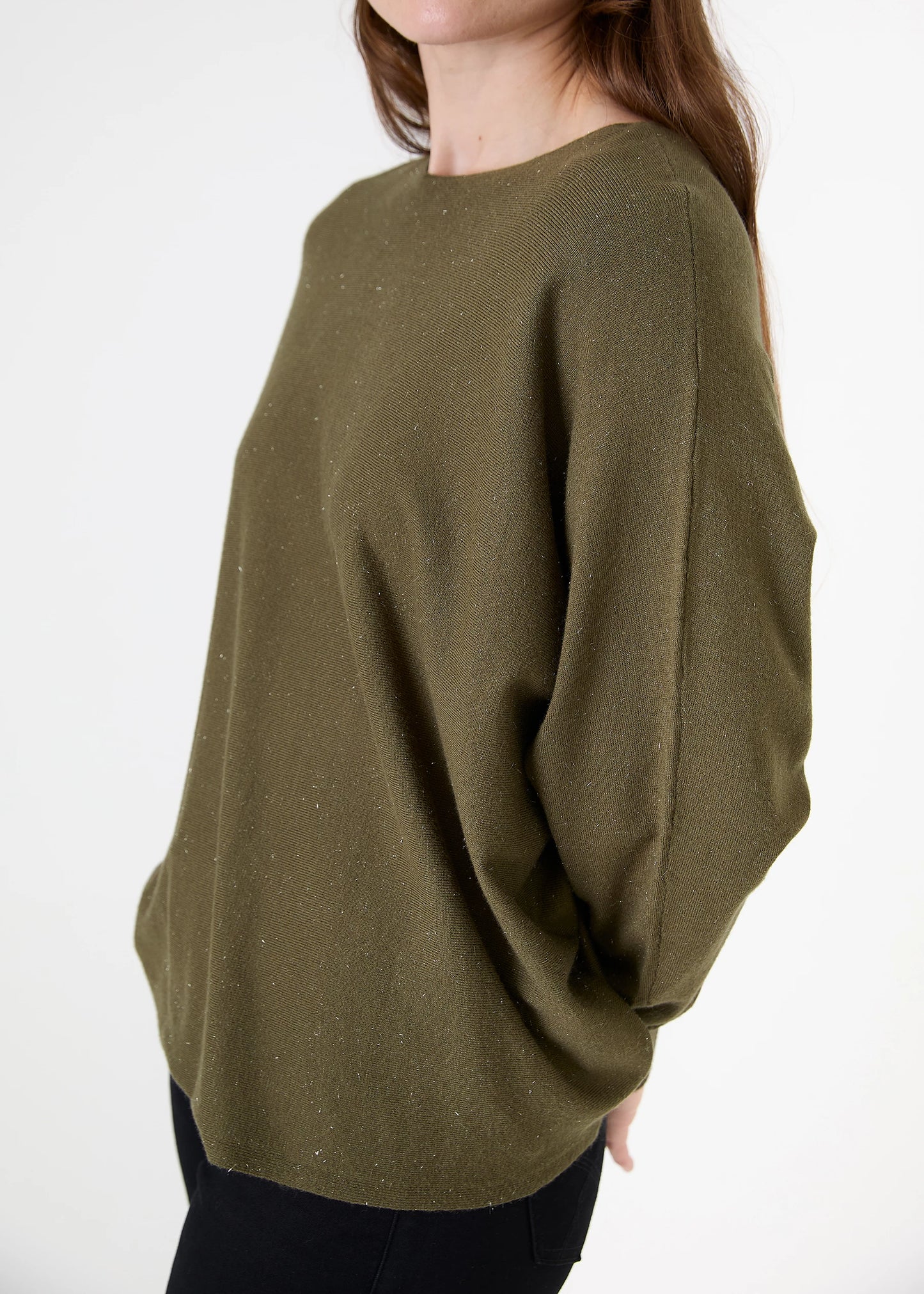 Cashmere Like Batwing Jumper With Metallic Thread - Black / Khaki / Beige / Navy