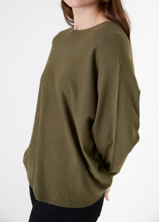 Cashmere Like Batwing Jumper With Metallic Thread - Black / Khaki / Beige / Navy