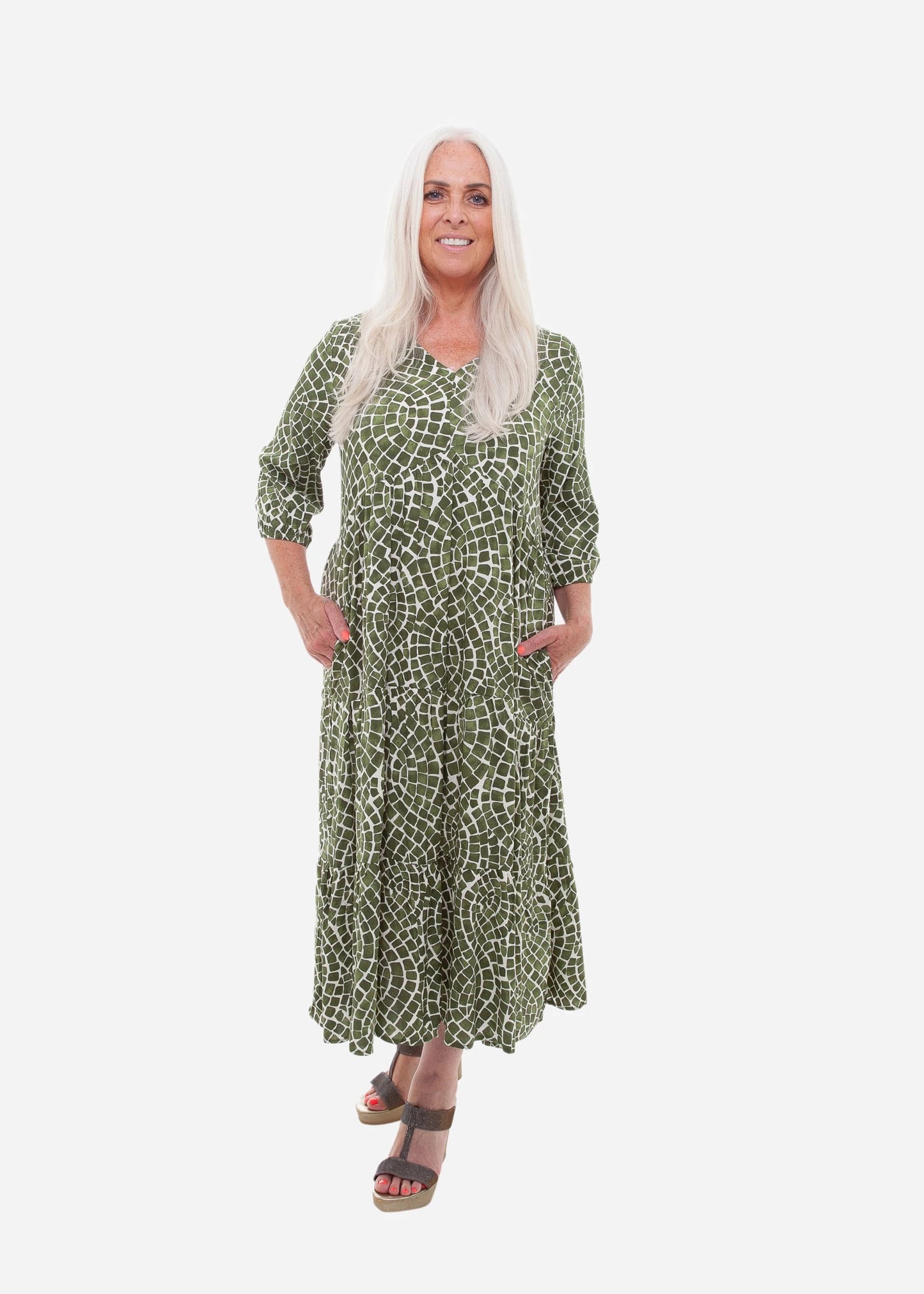 Mosaic 3/4 Sleeve Tiered Dress - Turquoise, Apple Green or Khaki