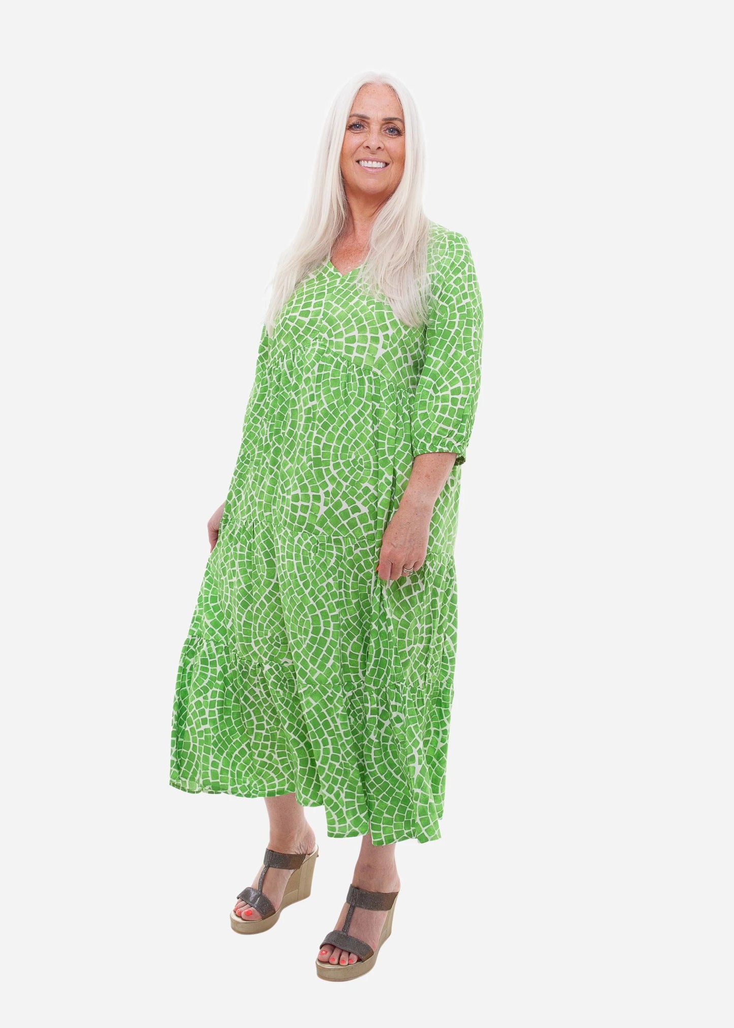 Mosaic 3/4 Sleeve Tiered Dress - Turquoise, Apple Green or Khaki