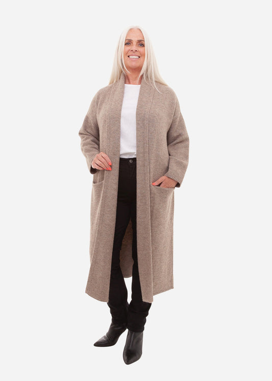 Soft Tweed Roll Collar Coatigan - Mink
