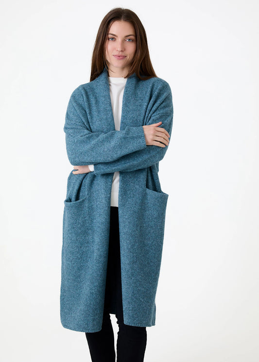 Soft Tweed Roll Collar Coatigan - Teal