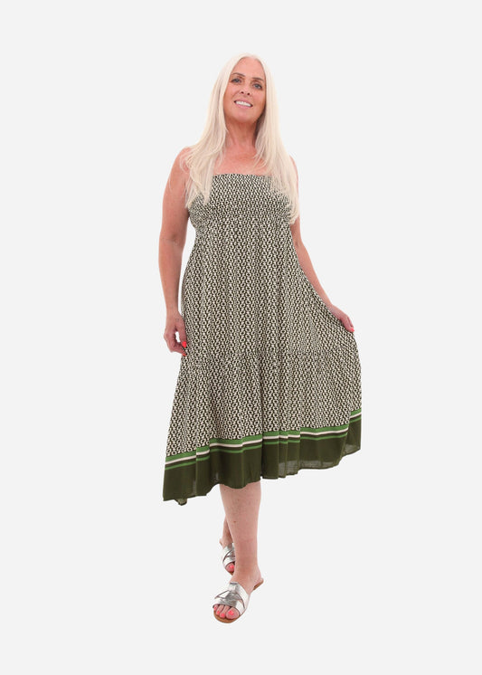 Spot Border Shirred Waistband Skirt - Green