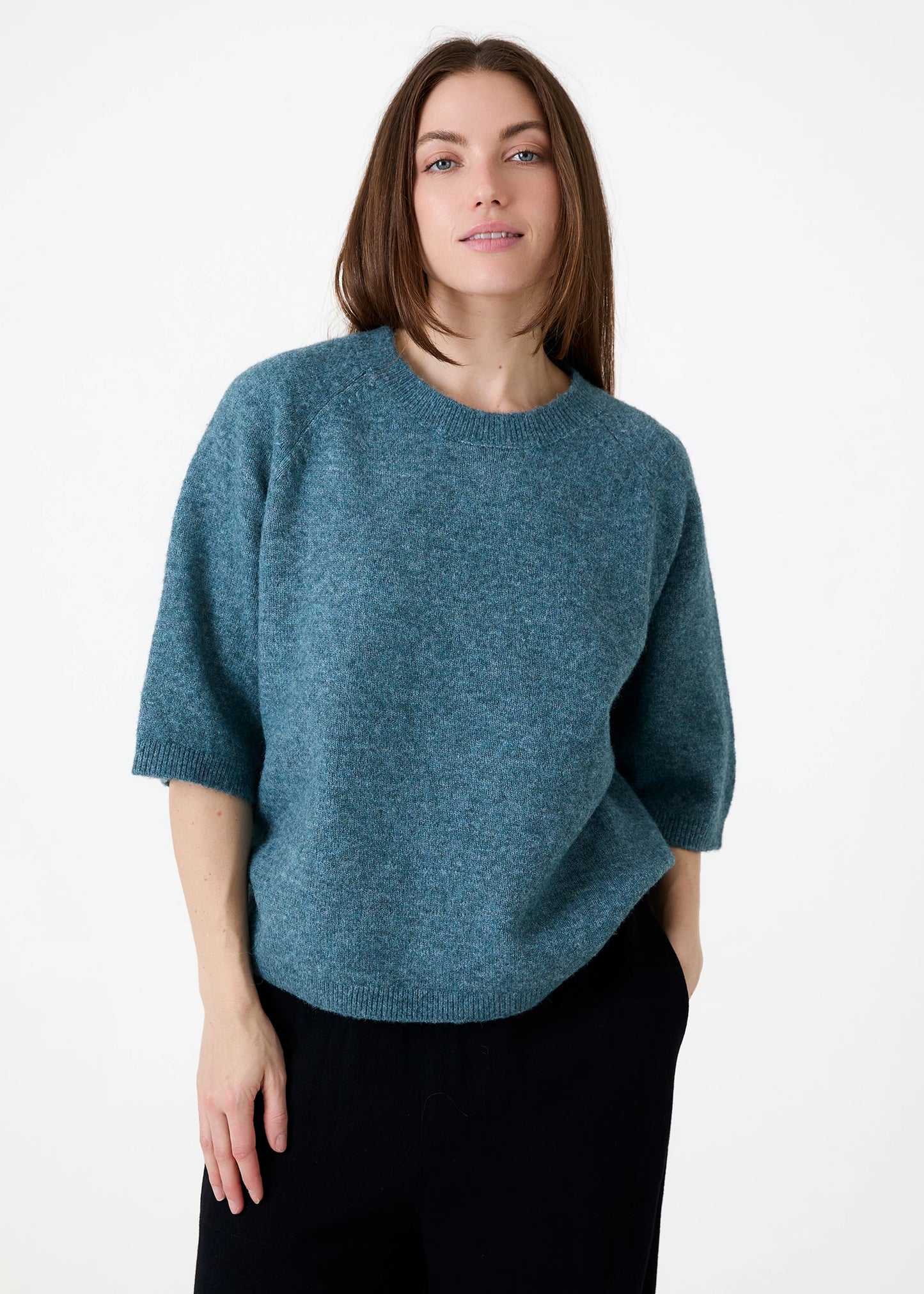 Soft Tweed Short Sleeve Raglan Jumper - Grey / Mink / Navy / Teal
