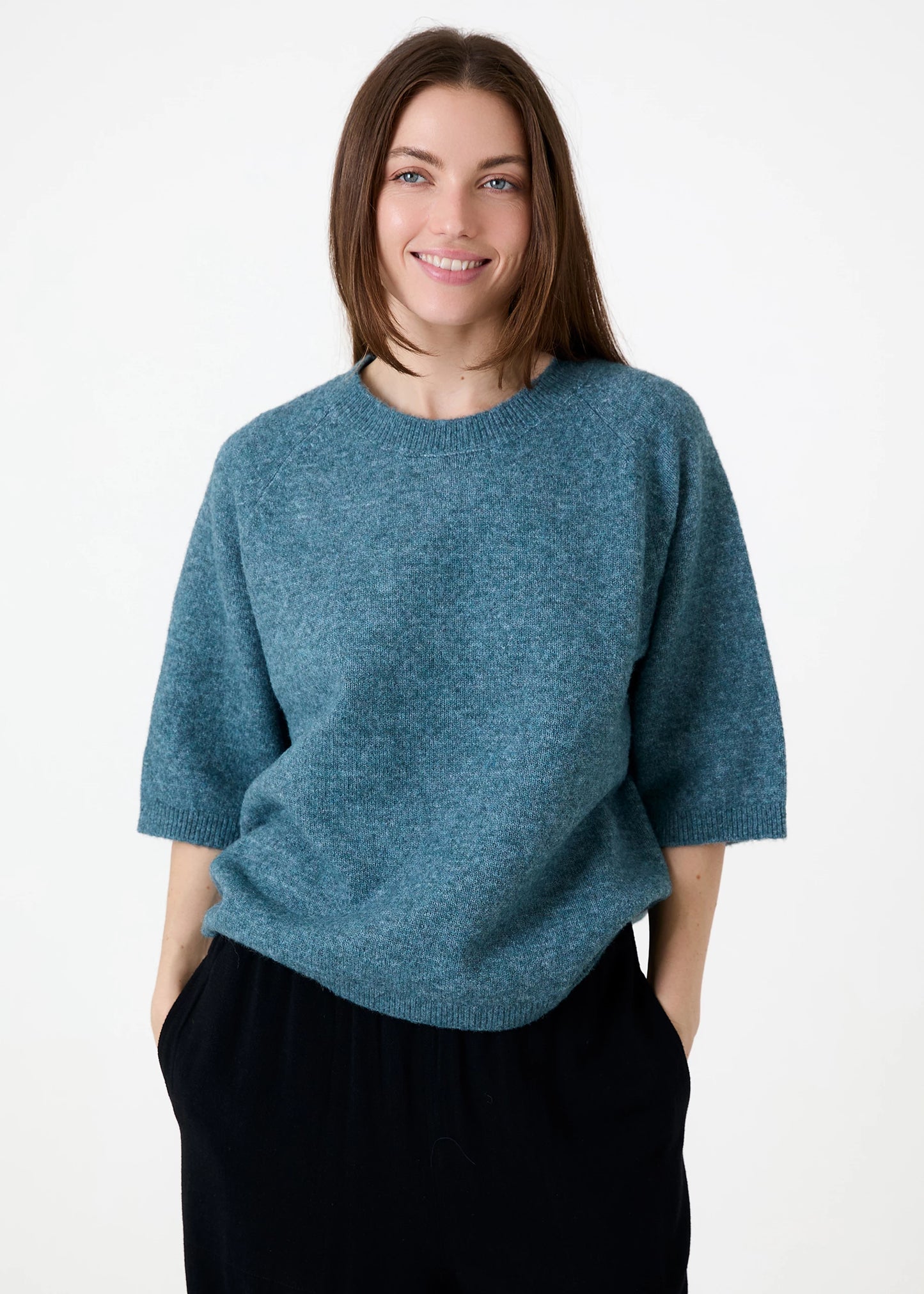 Soft Tweed Short Sleeve Raglan Jumper - Grey / Mink / Navy / Teal