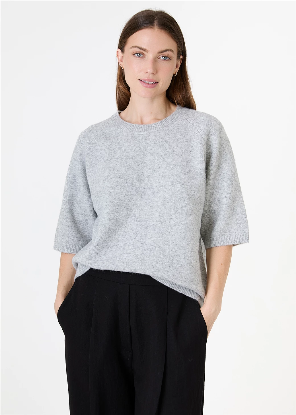 Soft Tweed Short Sleeve Raglan Jumper - Grey / Mink / Navy / Teal